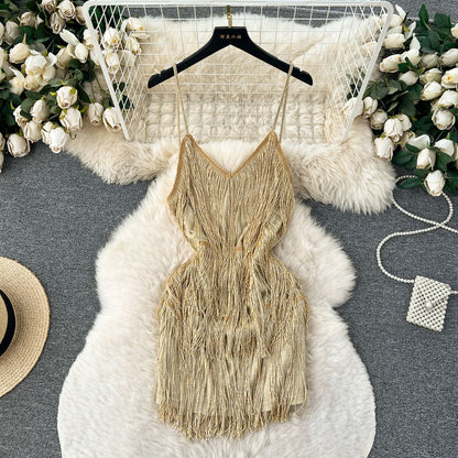 P sexy hollow backless fluffy fringed splicing suspender dress women's pure desire advanced sense thin birthday dress dress dress