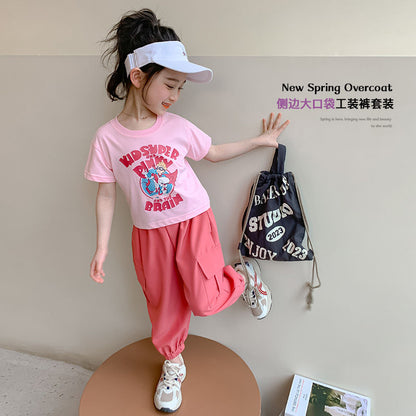 P Ohm Bear Girls' Summer Set 2024 New Girls' Set Explosive Street Set Small Dress Girls' Summer Fashion