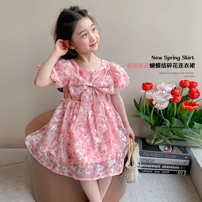 P Ohm Bear Girls Dress Summer 2024 New Little Girl Floral Princess Dress Summer Dress Bow Dress