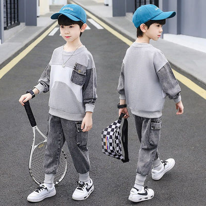 Children's clothing, boys' autumn suit, new children's spring boys' hoodie, two piece set of large children's denim clothes 1KG