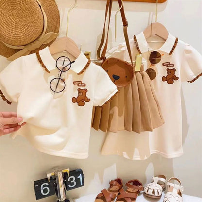 P girls POLO shirt dress new summer clothing, children's short sleeved T-shirt pleated skirt set, college style two-piece set 2