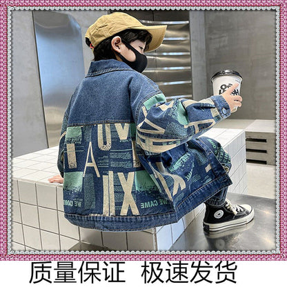 P Boys Spring and Autumn Denim Suit Children Medium and Older Children 2024 Boys Korean Version Soft Autumn Two-piece Set Children Handsome