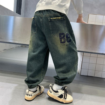 P Boys Tie Jeans Spring and Autumn 2024 New Children's Blue Pants Casual Middle and Older Children's Autumn Pants Tide