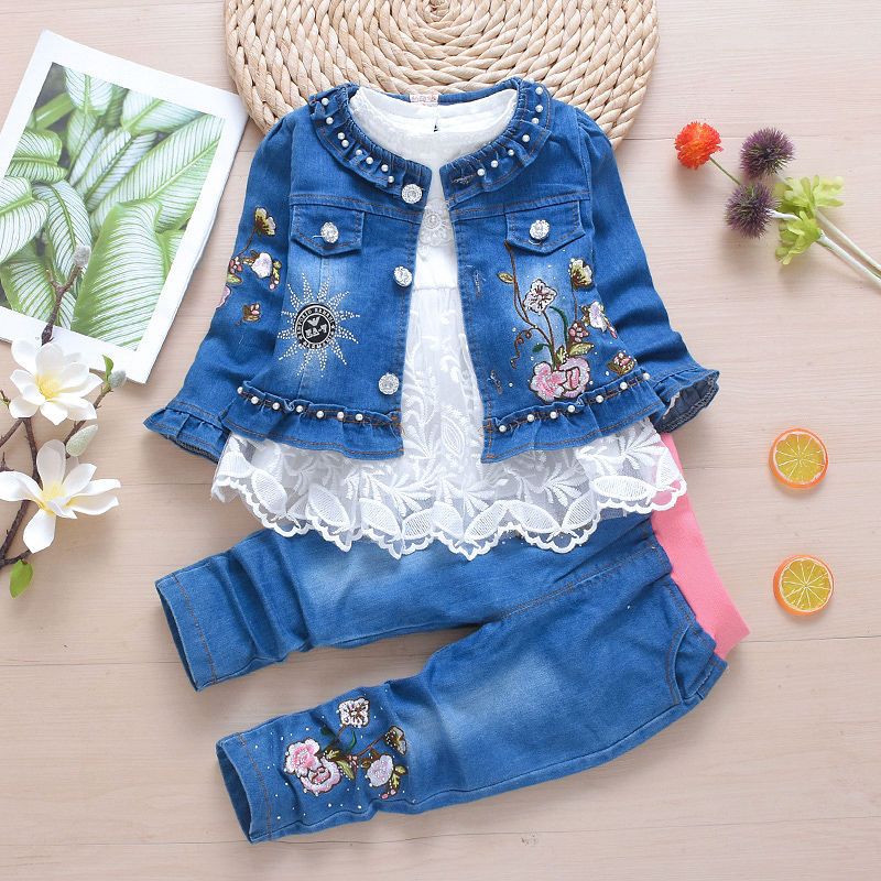 Baby girl spring cowboy three-piece suit 1-2-3-4 years old girl spring and autumn cowboy baby girl tide suit