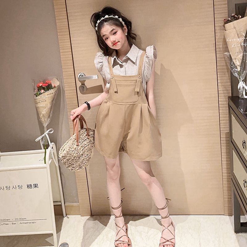 P Girls&#039; Suit 2024 New Summer Dress Western-style girls&#039; suspenders and girls&#039; children&#039;s summer clothes are fashionable.