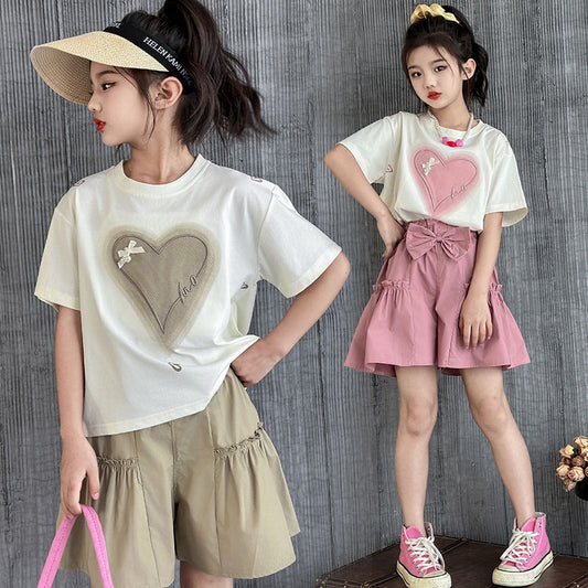 P Girls Summer Short sleeved Set 2024 New Chinese and Big Children's Fashionable Love and Fashion Girl Trendy Two Piece Summer Set