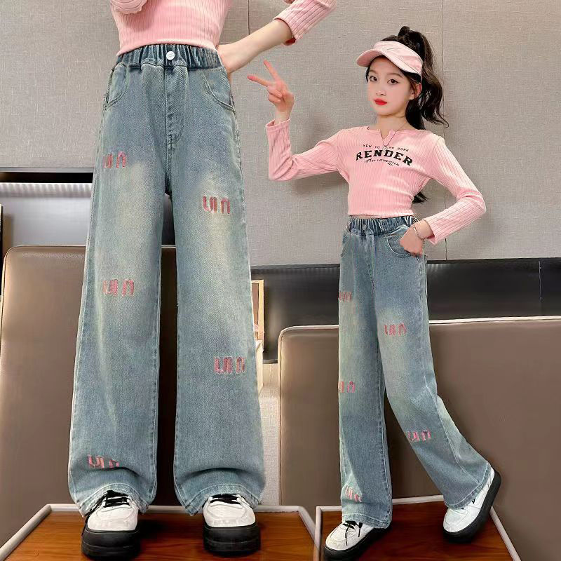 P girls jeans 2024 spring and autumn new girls Korean wide-leg pants medium and older children's foreign loose casual straight-leg pants