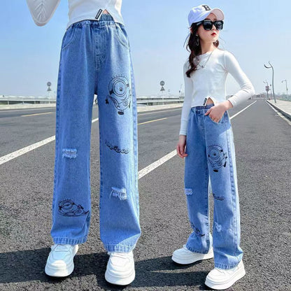 P girls spring and autumn jeans wide-leg pants 2024 new girls Korean version loose fashion foreign style middle-aged pants tide