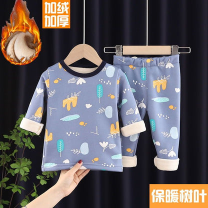 P children's thermal underwear set fleece thickened boys and girls long johns baby pajamas children's underwear winter