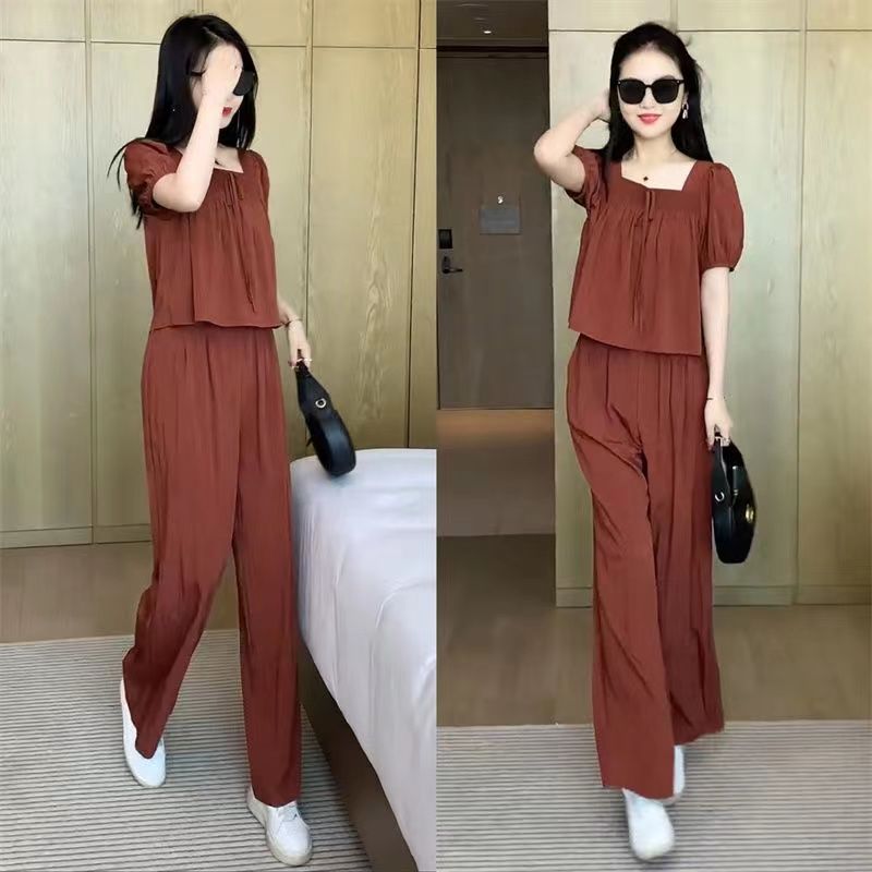 P high-end casual temperament shirt and pants two-piece set for women's 2023 summer fashionable age reducing bubble sleeve top set