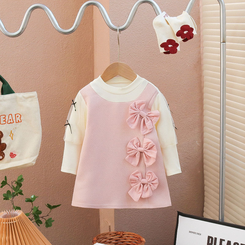 Girls dress spring and autumn 2023 new little fragrance bow fake two small children's fashionable princess skirt tide