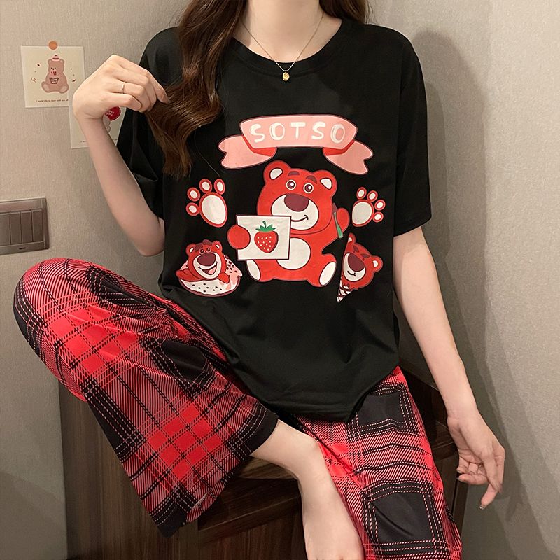 P cute bear pajamas women's summer new short-sleeved trousers thin Korean version loose can be worn outside Internet celebrity loungewear