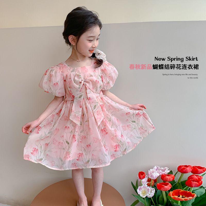 P Ohm Bear Girls Dress Summer 2024 New Little Girl Floral Princess Dress Summer Dress Bow Dress