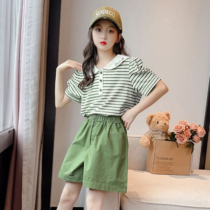 P Girls Set 2024 Summer New Children's Doll Collar Short Sleeve Foreign Style Girl Summer Korean Version Striped Two-Piece Set