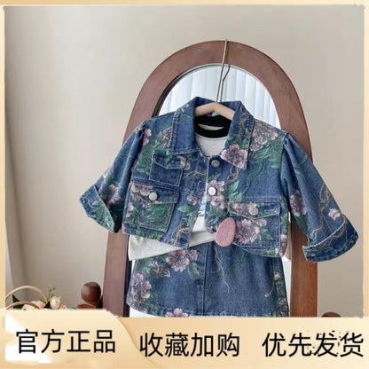 Korean Girls Spring and Autumn Denim Set New Children's Fashionable and Fashionable Girl's Coat Half Skirt Two Piece Set