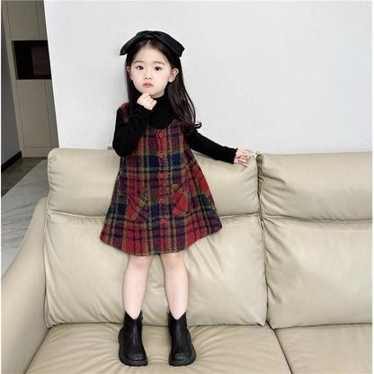 Girls&#039; woolen cloth vest skirt autumn and winter children&#039;s spring skirt baby vest dress spring and autumn plaid princess skirt