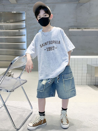 P boy summer suit 2024 new children&#039;s fashion brand short-sleeved cotton two-piece suit is handsome and fashionable.