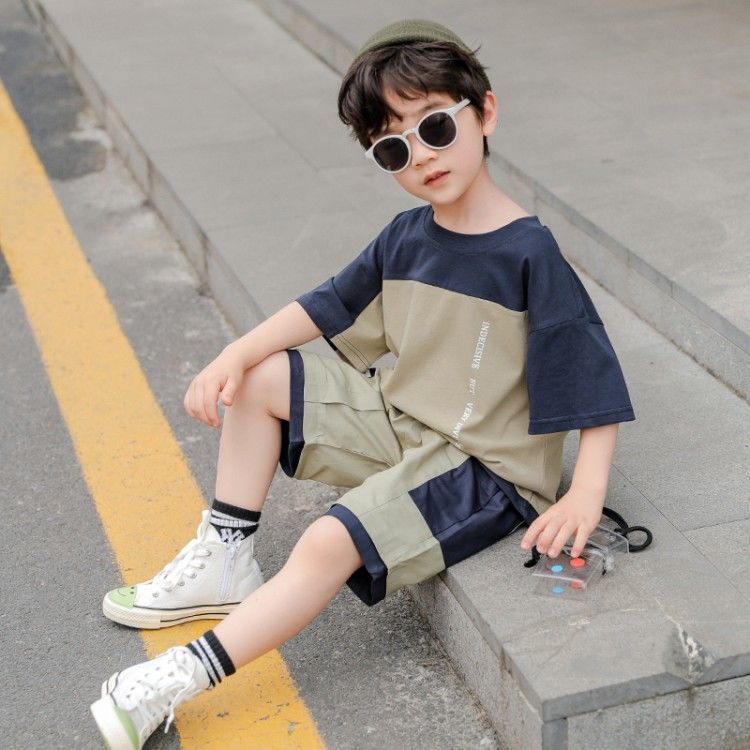 P Children&#039;s clothing boy summer suit 2024 new Korean version of children&#039;s large children&#039;s short-sleeved shorts two-piece western-style clothes