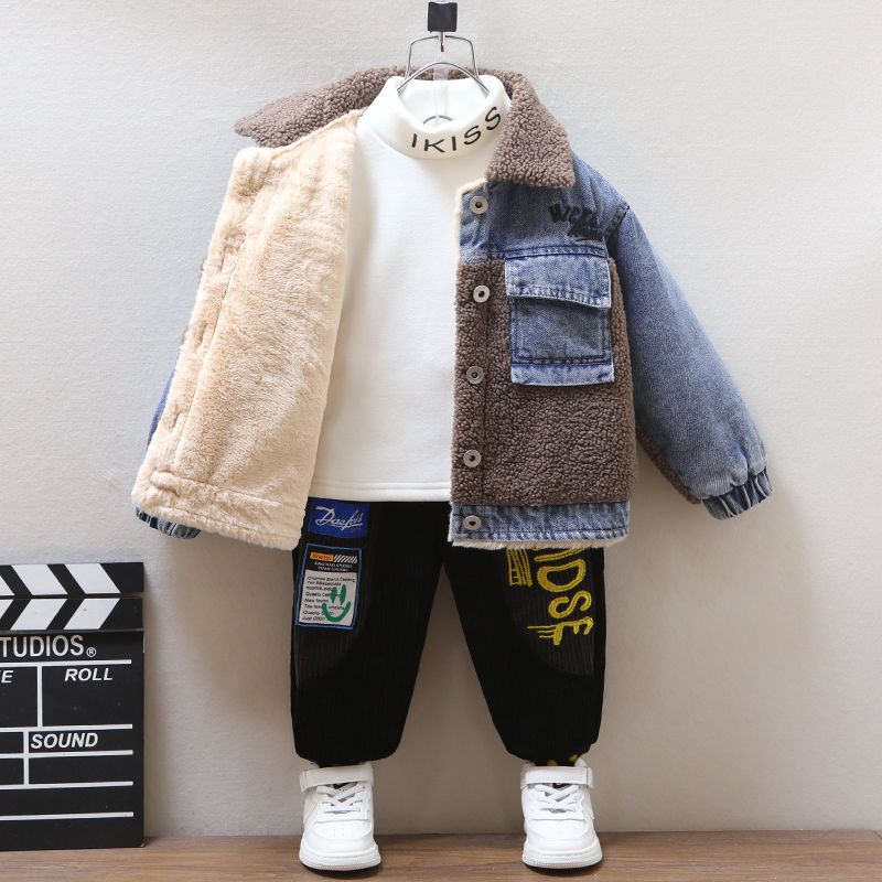 Boys' velvet denim jacket autumn and winter children's thickened denim jacket