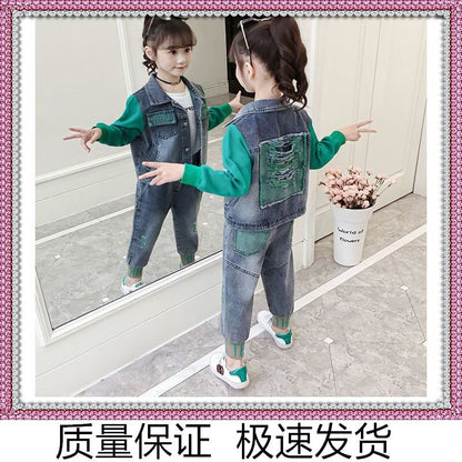 P Girls Denim Suit Spring and Autumn Girls 2024 Children's Foreign Style Soft Long Trendy Cool Korean Edition Medium and Older Children Two-piece Set