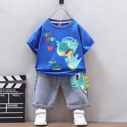 P Boy's Summer Clothes Set 2024 New Foreign Style Children's Thin Short Sleeve Clothes Handsome Boy Bomb Street Summer Children's Clothes