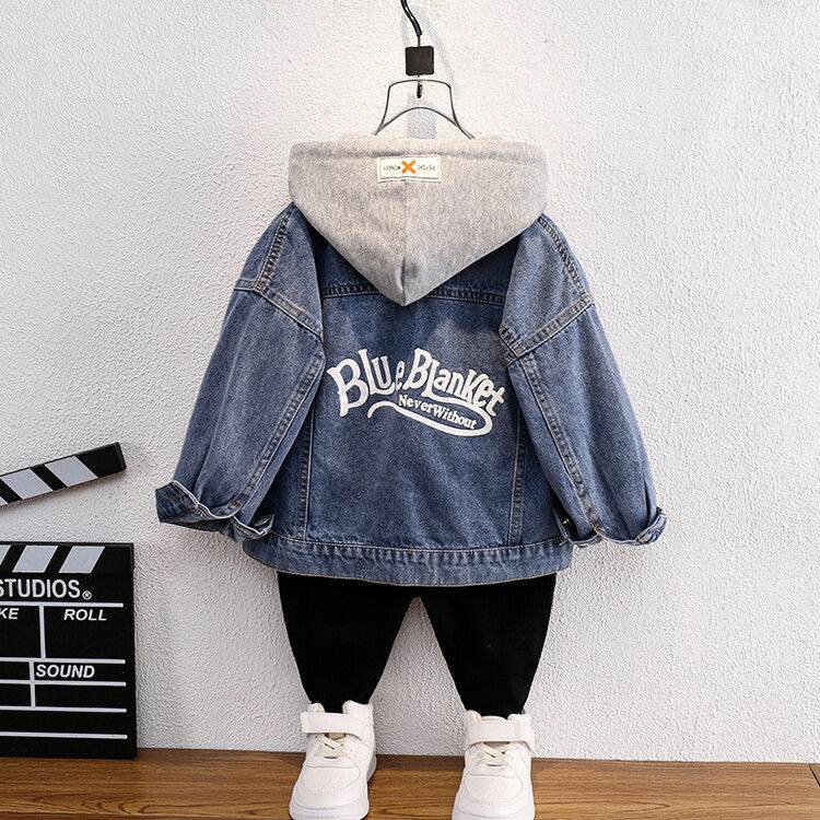 P boys denim jacket autumn spring and autumn 2024 new foreign style autumn fried street top medium and old children's hooded clothes tide