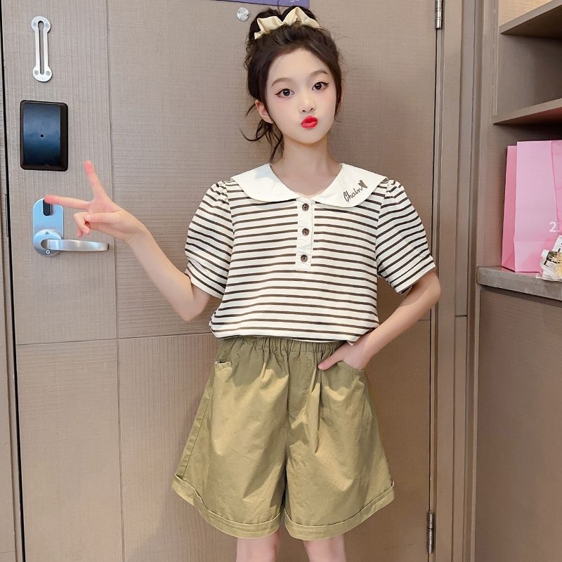 P Girls Set 2024 Summer New Children's Doll Collar Short Sleeve Foreign Style Girl Summer Korean Version Striped Two-Piece Set