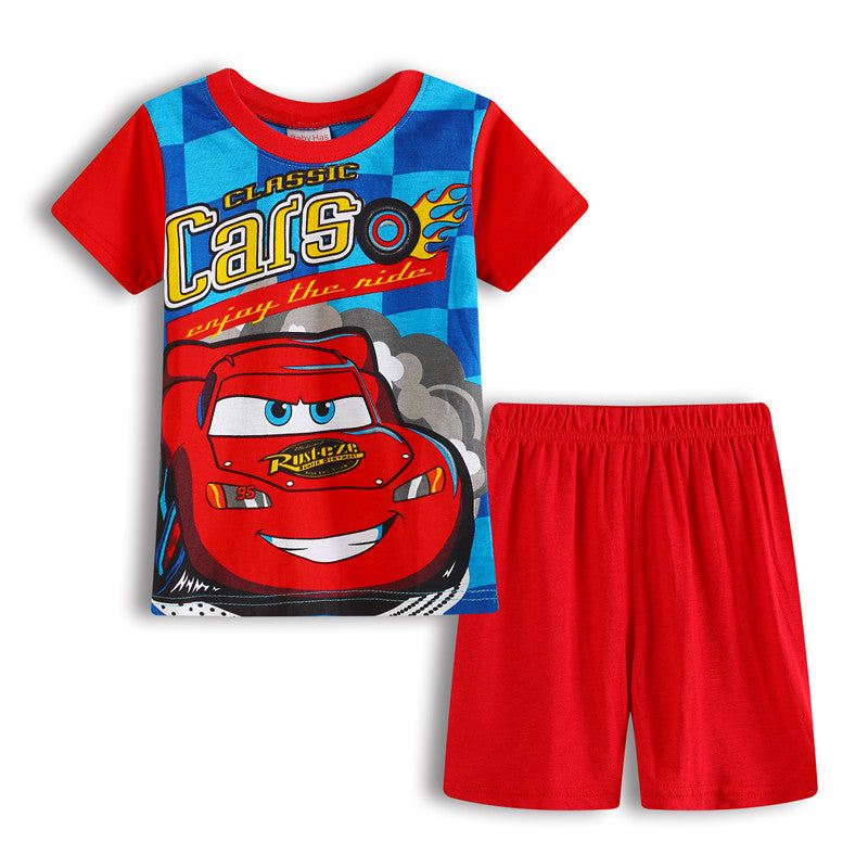 Conjunto de pijama de algodón de manga corta para niños con diseño de dibujos animados de coches de verano nuevo de P