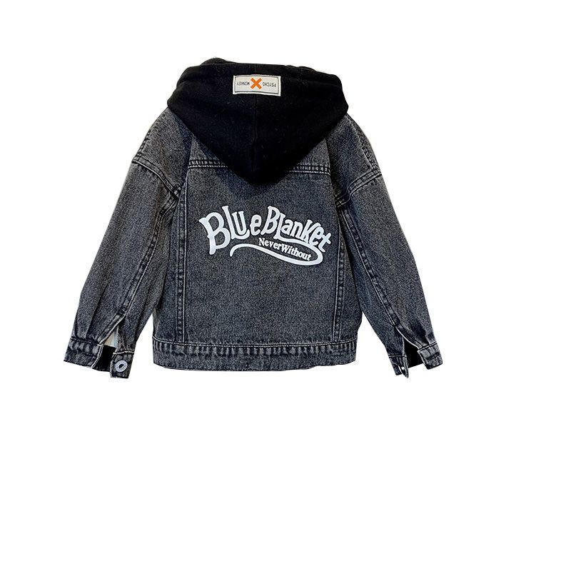 P boys denim jacket spring and autumn fried street top 2024 new foreign style medium and old children's hooded loose boys clothes