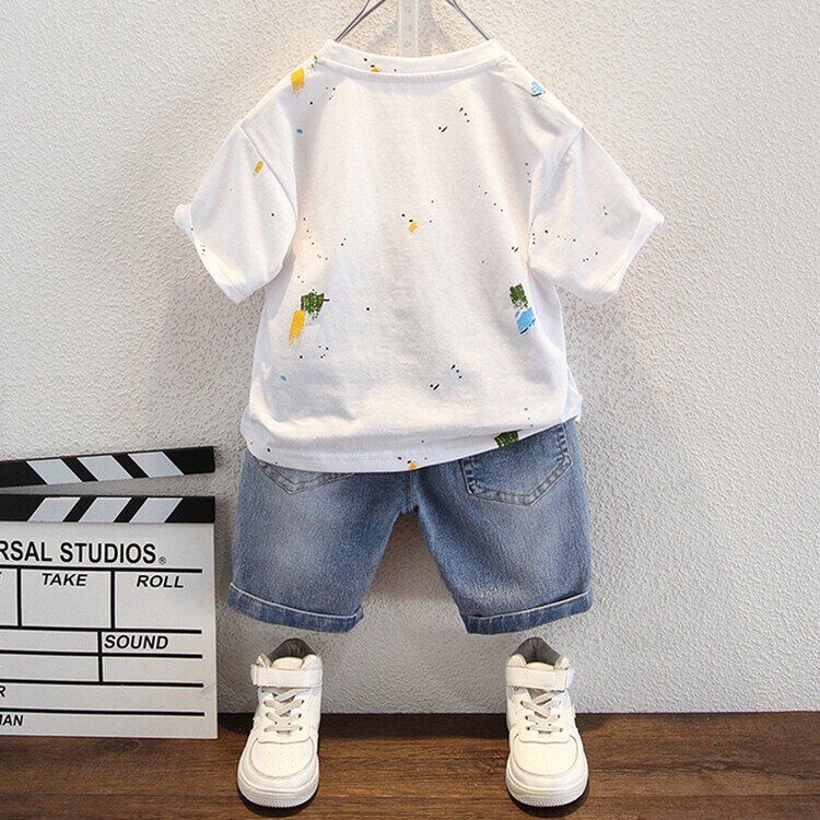 P Boys T-shirt Short Sleeve Set Children's Denim 2024 New Half Sleeve Small and Medium-sized Baby Summer Five-Piece Two-Piece Trend