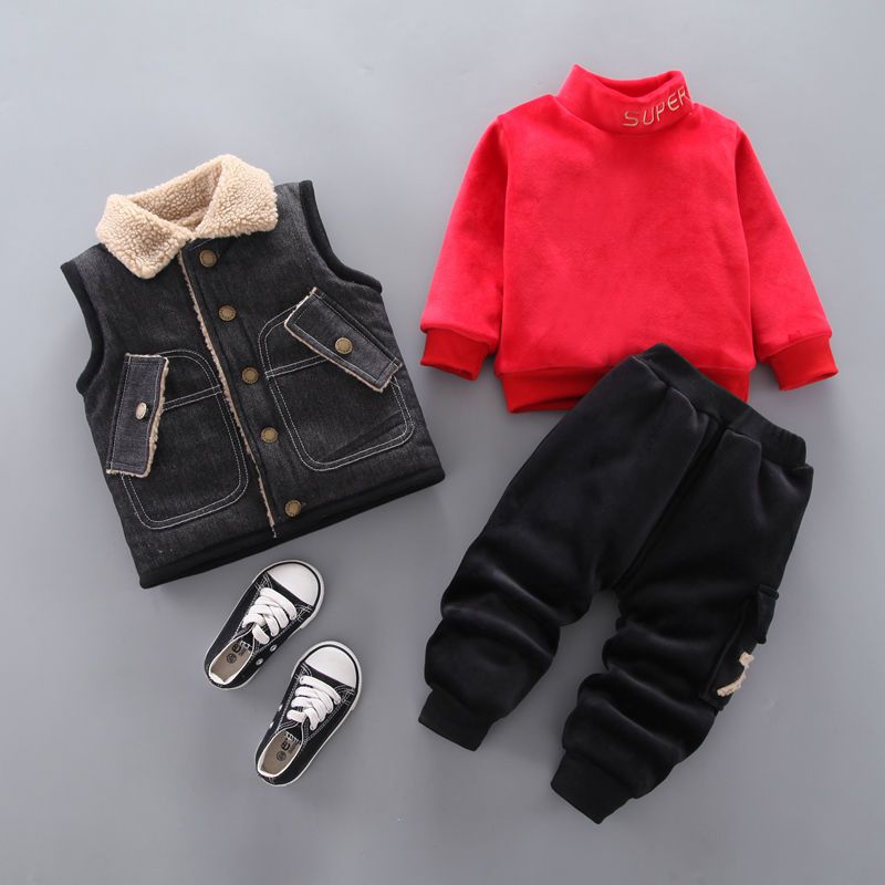 P Boys' thickened winter double-layer jacket three-piece set of thickened pants Children's clothing 0-4 years old fleece turtleneck underwear fleece