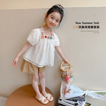 P Ohm Bear Girls' New Chinese Set Ethnic Set 2024 Summer New Female Baby Fashionable and Fashionable Two Piece Set