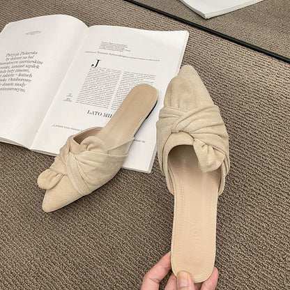 Sandalias de punta puntiaguda para mujer primavera verano 2023 semideslizantes, temperamento suave, tacón plano de gamuza, zapatillas de punta cómodas de hada 