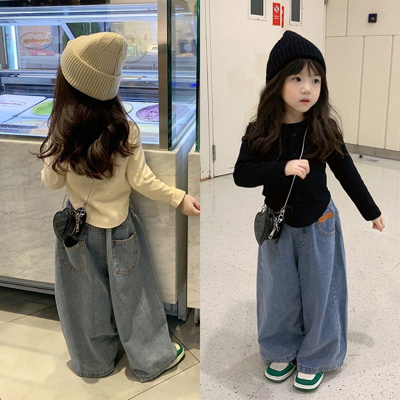 New Spring and Autumn Girls' Set Women's Treasure Korean Edition Bottom Shirt Casual Jeans Girls' Wide Leg Pants Girls' Top