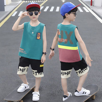 P Cotton Kids Boys Summer Vest Two-Piece Sleeveless Summer Dress Set 2024 New Handsome Foreign Fashion Korean Version