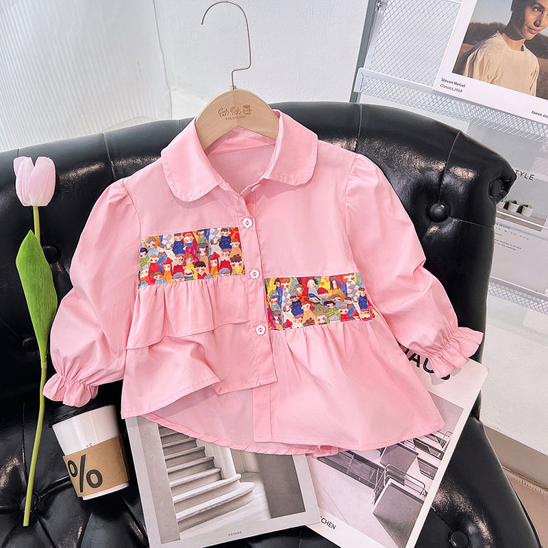 Camisa de niña 2024 nueva ropa de primavera y otoño para niños cosida de manga larga para niña que usa una camisa versátil de primavera al aire libre 