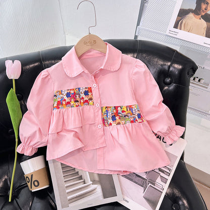 Girls' shirt 2024 new children's spring and autumn clothes stitched long-sleeved baby girl wears a spring versatile shirt outside