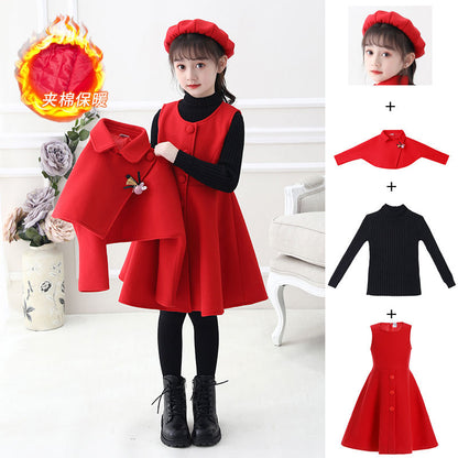 Girls' dresses, autumn and winter woolen shawls, two-piece skirts, medium and large children's princess dresses, winter fleece suits