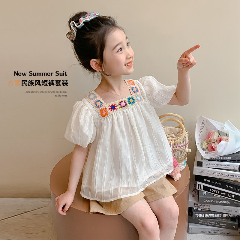 P Ohm Bear Girls' New Chinese Set Ethnic Set 2024 Summer New Female Baby Fashionable and Fashionable Two Piece Set