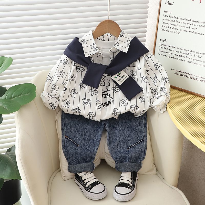 P Boys Autumn Shirt Set 2024 New Style Long-sleeved Shirt for Men and Children Spring and Autumn Children Handsome Three-piece Set