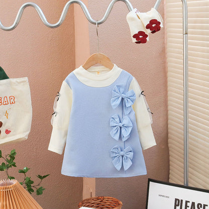 Girls dress spring and autumn 2023 new little fragrance bow fake two small children's fashionable princess skirt tide