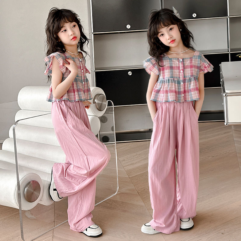 P Girls' Doll Shirt Short Sleeve Set Summer 2024 Internet Red checked shirt girl wide leg pants two-piece set trendy