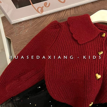 Korea children&#039;s wear girls autumn retro Joker knit cardigan children&#039;s western style lapel long sleeve solid color sweater.