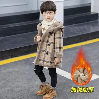 woolen coat for boys and girls, velvet thickened hooded coat