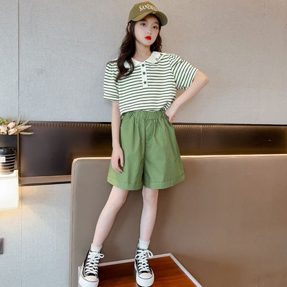 P Girls Set 2024 Summer New Children's Doll Collar Short Sleeve Foreign Style Girl Summer Korean Version Striped Two-Piece Set