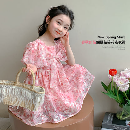 P Ohm Bear Girls Dress Summer 2024 New Little Girl Floral Princess Dress Summer Dress Bow Dress