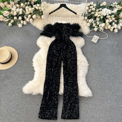 Light luxury and elegant temperament jumpsuit, women's ins, wearing European and American style, shoulder hair, hair stitching, sequins, slim pants