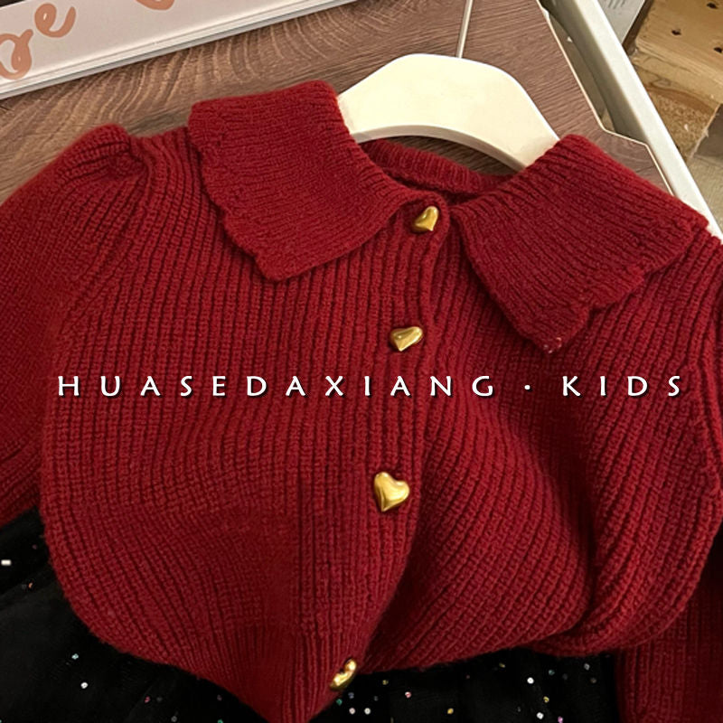 Korea children&#039;s wear girls autumn retro Joker knit cardigan children&#039;s western style lapel long sleeve solid color sweater.