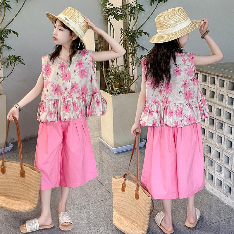 P girls&#039; summer suit 2024 new western-style fashionable sweet vest girls&#039; loose skirt two-piece suit