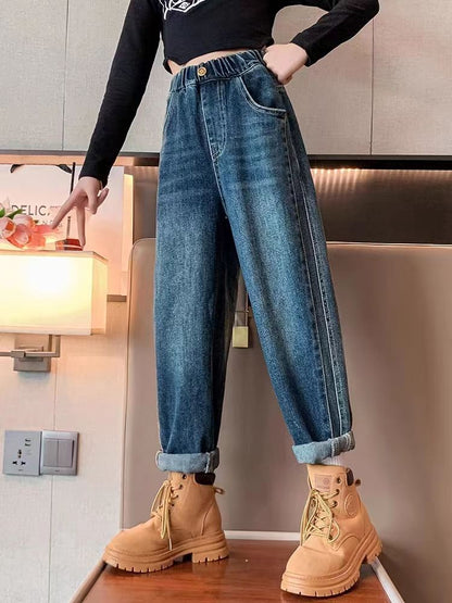 P girls jeans medium and older children's foreign dad pants wide-leg wear loose spring and autumn Korean version children's casual elastic pants